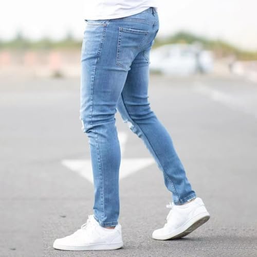 Jeans Pants Trouser Denim Ripped Elastic Washed Blue Street Trendy Small Leg Tight for Men4
