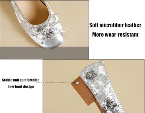 Women's Sequin Soft Leather Low Heel Metallic Toe Flats Bow Sparkle Slip On Memory Foam Cushion Insole Flat Shoes for Party Wedding3