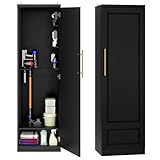 Homiflex Broom Closet Storage Cabinet, 65' H Slim Utility Closet with Door and Shelf, Tall Vacuum Storage Cabinet with Hooks for Cleaning Tool, Broom Closet Organizer for Bathroom, Garage, Black