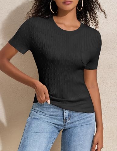 PrettyGuide Womens Short Sleeve Sweaters Shirt Crew Neck Lightweight Cable Knit Casual Dressy Tops3