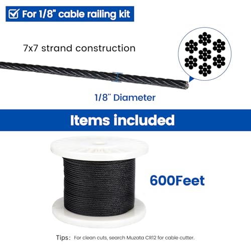 Muzata 600 ft 1/8" Black Stainless Steel Cable Railing System Hardware T316 Stainless Steel Wire Rope 7x7 Strands 1800 lb Breaking Strength Black Cable Railing Kit for Indoor Outdoor WR19