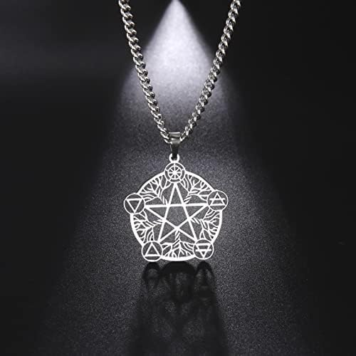TEAMER Pentagram Necklace Tree of Life Pendant Stainless Steel Pentacle Pendant Wicca Pagan Jewelry for Women