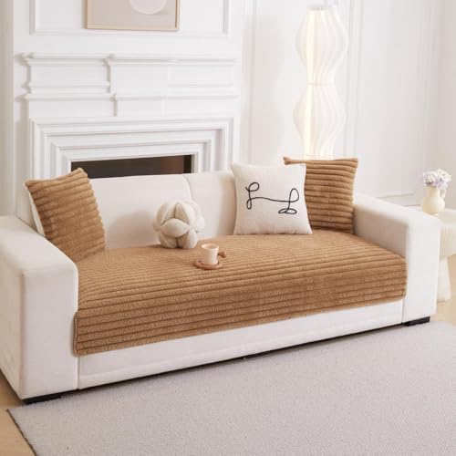 Image of HOMETHREADS 600GSM Thick & Soft Rabbit Fur Plush Sofa Cover-Luxurious Cozy Slipcover, Washable & Pet-Friendly, Anti-Scratch Protector for Sofas (Faux Linning Brown, 1 Seater | 70x70cm)