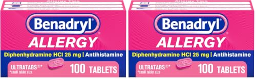 Image of Benadryl Ultratabs Allergy Medicine,25 mg Diphenhydramine HCl Antihistamine Tablets for Cold & Allergy Relief of Symptoms Like Sneezing,Runny Nose,Itchy Eyes & Throat,Hay Fever,100 Count (Pack of 2)