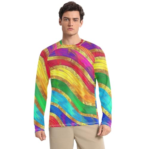 Mens UPF 50+ UV Sun Protection Mens Rash Guard Quick Dry Men's Rash Guard Long Sleeve Fishing Shirts, Rainbow Color Golden Lines, Small