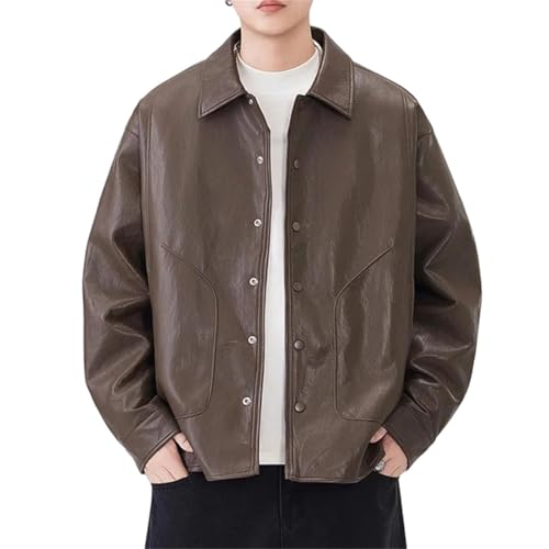 Disimlarl Chaqueta de piel sintética para hombre, holgada, casual, para motocicleta, para primavera, otoño, marrón, 3XL