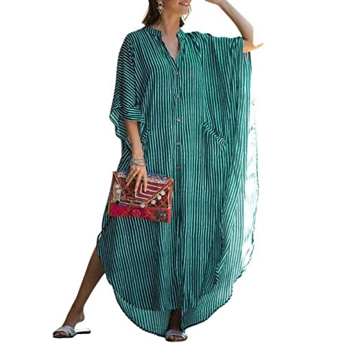Bsubseach Beach Kaftan Dresses Women Button Down Long Rayon Caftan Swim Cover Up Muumuu Dress Oversized Coverups With Pockets A-green Stripes One Size