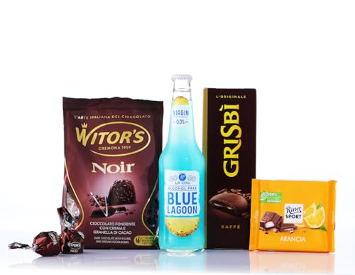 Cesta de Navidad Gourmet 2024 - Selección especial - Regalo de comida italiana - Cóctel sin alcohol Blue Lagoon, chocolates negros con granos de cacao, galletas de crema de café, barra de chocolate