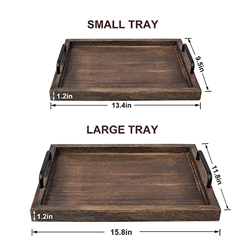 LIBWYS Rustic Wooden Serving Trays with Handle-Set of 2-Decorative Nesting Food Board Platters for Breakfast, Coffee Table/Butler (Large 15.8x11.8x1.2 inches, Small 13.4x9.4 x1.2 inches) - Image 3