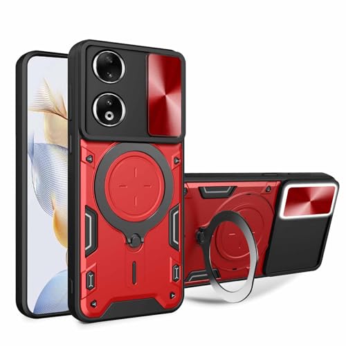 Cover per Huawei Honor 90 5G con Porta Anelli Invisibile Custodia con Copertura della Fotocamera Scorrevole PC e Silicone TPU Case Rosso