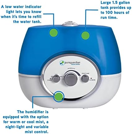 PureGuardian H1510 Ultrasonic Warm and Cool Mist Humidifier for Bedrooms, Quiet, Filter-Free, 11L Output Up to 100 Hr Run Time, 1.5 Gal Treated Tank Surface Resists Mold, Pure Guardian Room Humidifier - 5