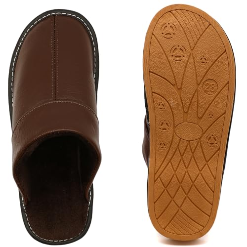 Slippers for Women Men, Genuine Leather Slippers Indoor Outdoor, Fuzzy Bedroom House Shoes for Women Men, Plush Lining Womens Sandals Slip-on4