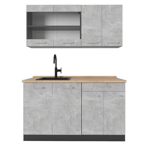 Vicco Küchenzeile R-Line, Beton, 140 cm, AP Eiche, zur flexiblen Erweiterung mit weiteren Modulen geeignet