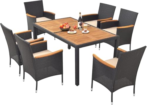 Panana 6 Seater Rattan Dining Set, Garden Table & Stackable Chairs with Acacia Wood Table Top & Cushions, All-Weather Patio Furniture for Conservatory Outdoor 9 Panana 6 Seater Rattan Dining Set, Garden Table & Stackable Chairs with Acacia Wood Table Top & Cushions, All-Weather Patio Furniture for Conservatory Outdoor - Image 9