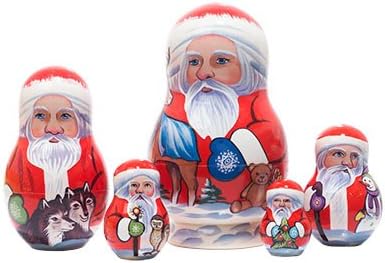 Golden Cockerel Made in Russia Authentic Yukon Santa Nesting Doll 5pc./5" Jolly Santa Clauses Collectible Babushka Russian Doll 100% Guaranteed!