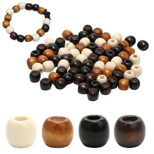 200 Pièces Perles en Bois Naturel, 5 couleurs Grosse Perle Cheveux Tresse Africaine,Bille en Bois Macramé, 12 mm Pour la Fabrication de Bijoux DIY Bricolage...