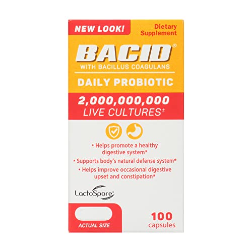 BACID Daily Probiotic with Bacillus Coagulans for Digestive Health, White, 100 Count