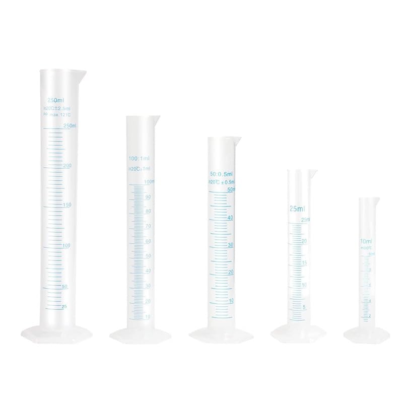 OCTA Scientific Plastic Measuring Cylinder Set of 5-10ml,25ml,50ml,100ml and 250ml Polypropylene Cylinders, Hexagonal Base, Blue Graduations