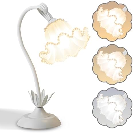 Flower Table Lamp Bedside Lamps LED Reading Light,3 Color Modes Cute Small Lamp,Vintage Flower Lamp Kawaii Table Lamp for Bedroom Living Room Office Dorm Desk Home Decor (Pearl White lamp)