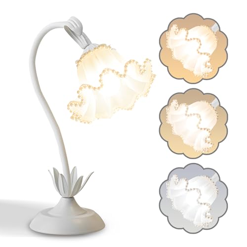 Image of Flower Table Lamp Bedside Lamps LED Reading Light,3 Color Modes Cute Small Lamp,Vintage Flower Lamp Kawaii Table Lamp for Bedroom Living Room Office Dorm Desk Home Decor (Pearl White lamp)