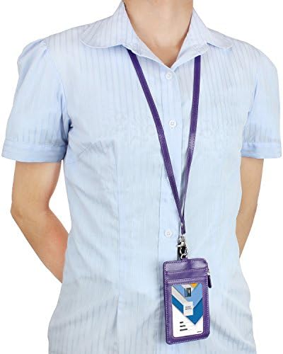 Badge Holder with Zip, Wisdompro 2-Sided Vertical Style PU Leather ID Badge Holder with 1 ID Window, 4 Card Slots, 1 Side Zipper Pocket and 1 Piece 20 Inch PU Neck Lanyard/Strap - Purple