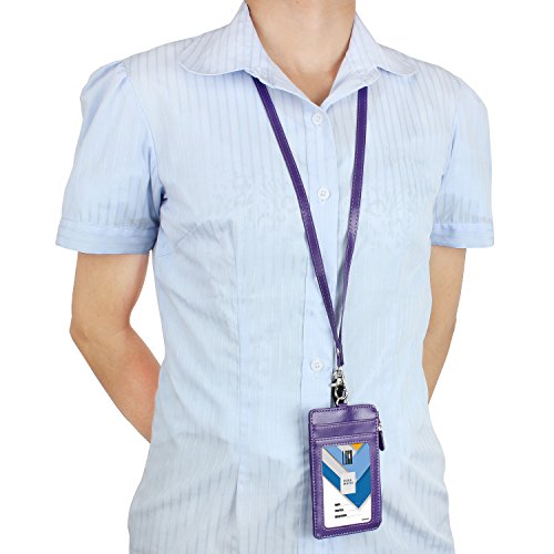 Badge Holder With Zip, Wisdompro School Supply 2-Sided Vertical Pu Leather College Id Badge Holder With 1 Id Window, 4 Card Slots, 1 Side Zipper Pocket And 20 Inch Leather Neck Lanyard Strap - Purple #TOP7