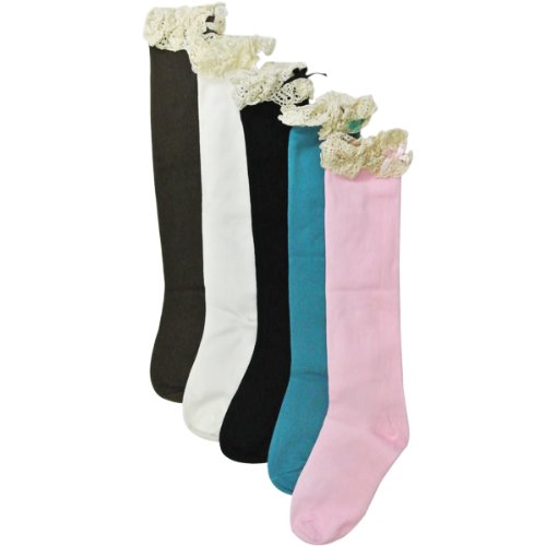 allydrew Ruffled Lace & Bow Knee High Girl Socks (set of 5)