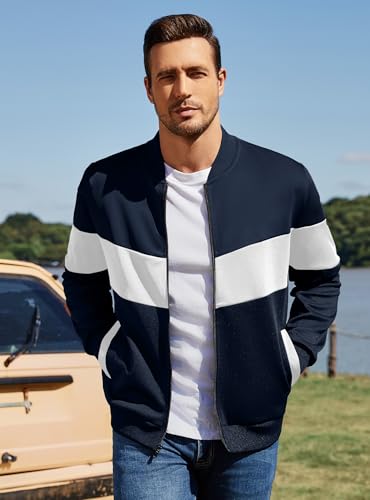 Image of Men's Lightweight Varsity Jacket Casual Bomber Jacket Stylish Color Block Coat
