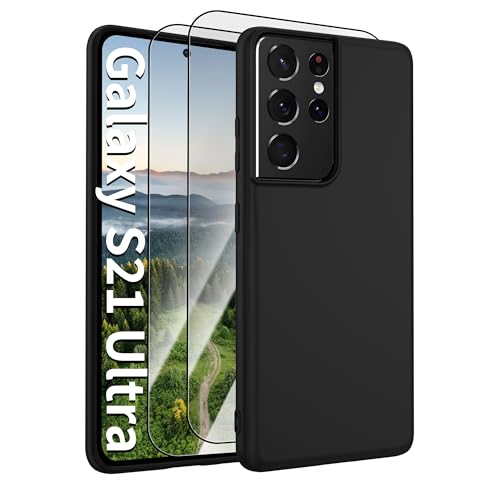 for Samsung Galaxy S21 Ultra Case,Liquid Silicone Upgrade [Soft Anti-Scratch Microfiber Lining][2 HD Screen Protector][Full Camera Protection] Shockproof Case for Samsung S21 Ultra 6.8 inch -Black