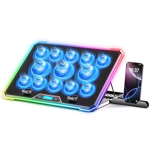 RGB Gaming Laptop Cooling Pad with 13 Fans & LCD Screen - 10 RGB Modes (Long Press Off), Phone Holder, 9 Height Adjustable, 2 USB Ports, Quiet Cooling for 15-21 Inch Laptops, Desk/Lap Use