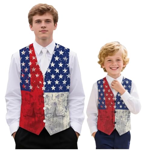 Wdktrgetd Boys Green Suit Vest V-Neck Boy's Formal Suit Vest Youth Slim Dress Vests for USA 250th Anniversary Summer School Boys Fashion Vests With Back Strap,Pockets USA Flag Print Size 7-8 Years
