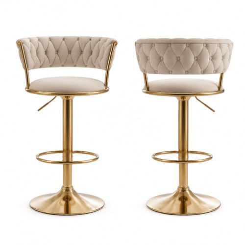 Image of ASR INTERIORS SET OF 2 Bar Stool camellia Velvet Bar Stools Kitchen & Home Breakfast Barstools With Backrest & Footrest (Pack Of 1 Stool) (Cream and Gold) (BS)