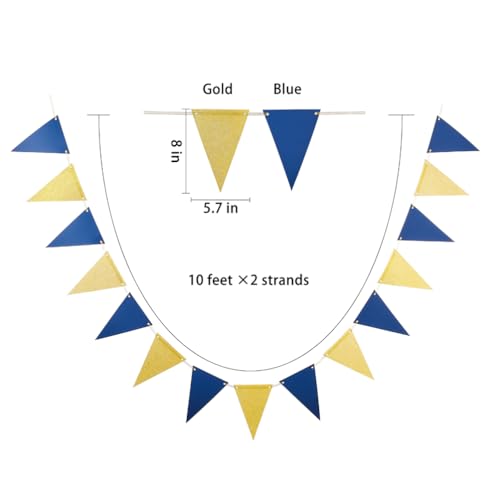Image of MOWO Gold Blue Pennant Banner Paper Bunting Hanging Decoration for Birthday Graduation Retirement New Year's Party, Pack of 30 Counts Pennant, 20 feet