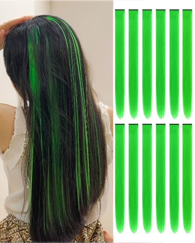 FARRUIS 22 Inch Colored Hair extension 12 Pcs Green Clip in Hair Extension for Women Synthetic Highlight Hair Piece for Party Halloween
