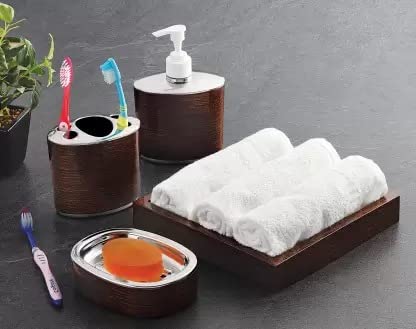 GLITZEN Classic 4 Piece Bathroom Accessory Set - Soap Dish, Hand Towel Tray, Tooth Brush/Paste Holder, Tumbler, Liquid Soap Dispenser,Bathrooms or Kitchen (Classic Wooden Finish-Brown) 3