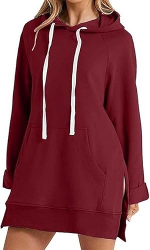 Qklovni The Warmy Oversized Hoodie, Pullover Long Sweatshirt Split Hem With Pockets, Casual Oversized Hoodie Dress For Women (UK, Alpha, M, Regular, Regular, wine red)