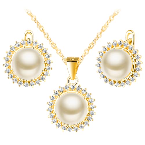 MicLee Collares colgantes y pendientes de perlas para mujer: Juegos de joyas de plata 925 - Pendientes y collar de estilo girasol con circonitas - Joyas de boda elegantes - Joyas de fiesta dorada