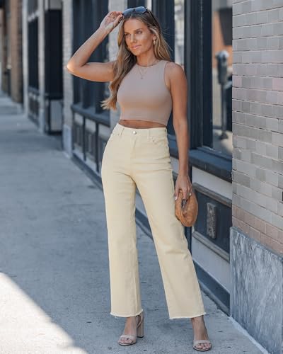 Image of GRAPENT Straight Leg Jeans for Women High Waisted Stretchy Frayed Raw Hem Loose Denim Pants Casual Baggy Jean Trousers
