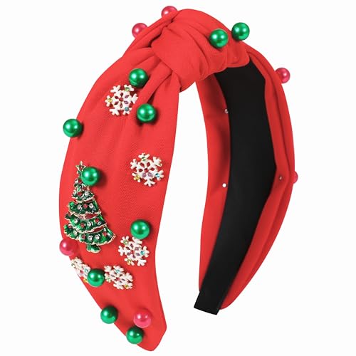 Gmmidea Christmas Snowflake Headbands for Women Crystal Pearl Tree Snowflake Knotted Headband Embellished Wide Twist Xmas Hairband Holiday Christmas Headpiece Outfits Accessories