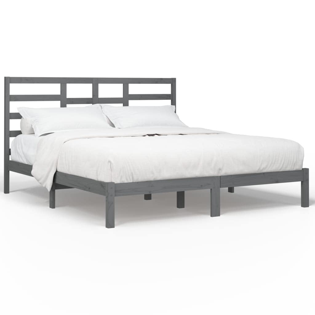 Lite drewno sosnowe Z zagłówkiem klasyczny Szary 200x200 cm | Szara rama łóżka z litego drewna sosnowego 200x200 cm z zagłówkiem