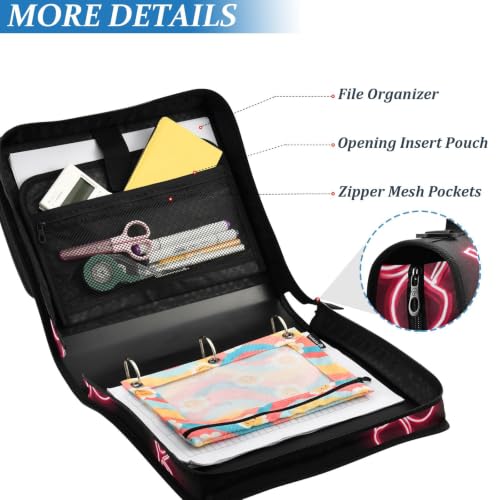 Image of Custom 3 Ring Zipper Binder Pink Neon Cherry Personalized Name 1.5 Inch Binders Large Capacity Multi Pockets for School Office Supplies