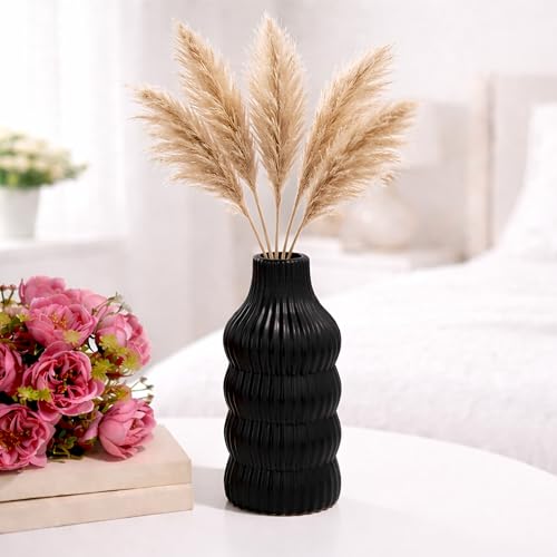 Image of Modern Ribbed Ceramic Vase - Matte Black Decorative Flower Vase for Home Decor, Table Centerpiece & Living Room Styling