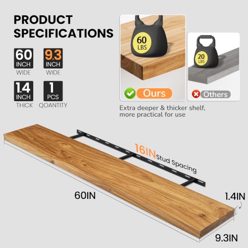 Image of Fun Memories Floating Shelves for Wall, 60 inchx9.3 inch Rustic Solid Elm Wood Wall Shelves, Heavy-Duty Floating Shelves with Invisible Brackets for Living Room, Bedroom, and Kitchen, Naturalt Finish
