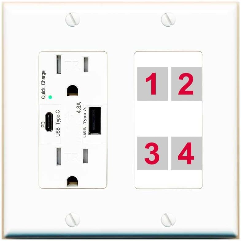 RiteAV Custom 4 Port Custom Wall Plate, USB A+C Charger, White/White, Choose HDMI Coax 3.5mm Banana Cat5/6 Phone RCA Speaker Toslink USB