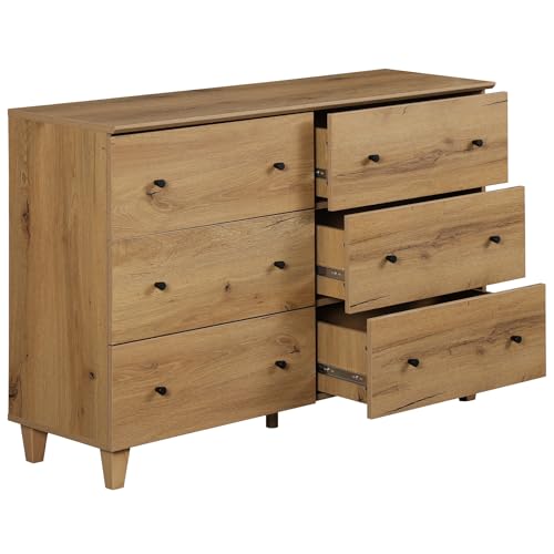 Image of WAMPAT Bedroom Dresser with 6 Drawers, Modern Chest of Drawers with Black Knobs, Wide Oak Brown Wood Finish Storage Organizer for Kids Room, Living Room, Nursery, 47.2x15.5x32.4