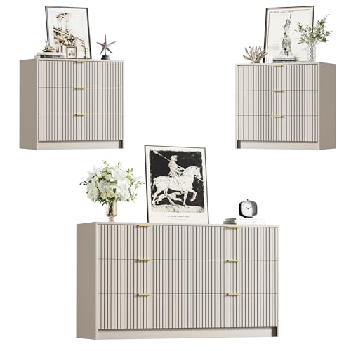 Image of Furniway Beige Dresser Bedroom Set 3 Pieces, Nightstands Sets of 2, 6 Drawer Dresser with Gold Handles for Bedroom