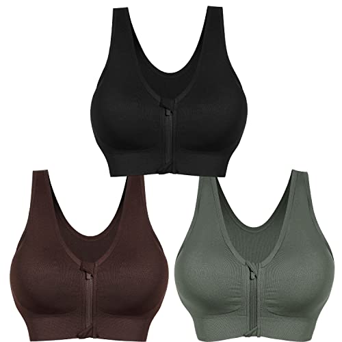 Akamc Women's Zip Front Sports Bra Criss-Cross Back Strappy Wireless Post-Surgery Bra Active Yoga Bras B109,X-Large #TOP6