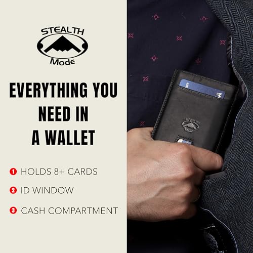 Stealth Mode Pop-Up Leather Wallet - RFID Blocking Front Slim Wallet for Men - Minimalist Napa Leather Men's Wallet With 8 Card Holders, ID Card Holder With Clear Window & Bills Pocket - (Black)3