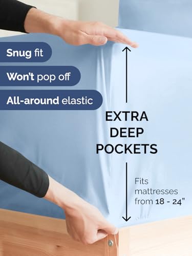 Image of Extra Deep Full Fitted Sheet - Single Fitted Sheet Only - Light Blue | Easily Fits 18 inch to 24 inch Mattress, Soft, Wrinkle Free, Breathable & Comfy, Extra Deep Pockets Hotel Luxury Fitted Sheet
