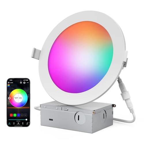 ATCD Smart Recessed Exterior Soffit Lighting 6 Inch, 12W 1080LM RGBCW Canless Soffit Lights Bluetooth Connect Color Changing LED Downlight CCT Dim Soffit Light with Junction Box for Party Home 1 Pack